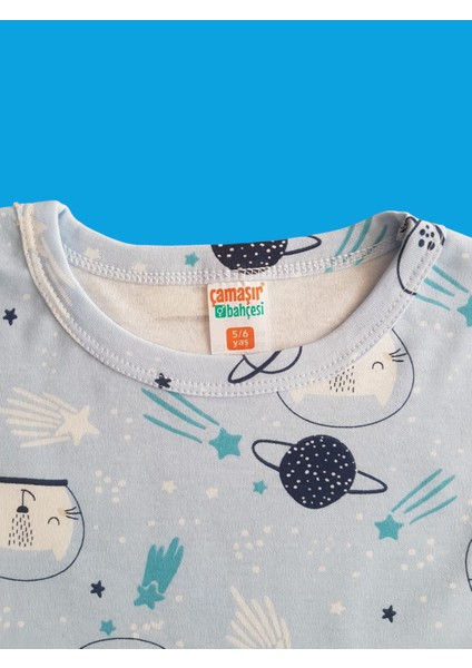 Kısa Kollu Desenli Çocuk Pijama Takım #baskılıçocukpijamatakım #mavidesenlipijama #çamaşırbahçesi