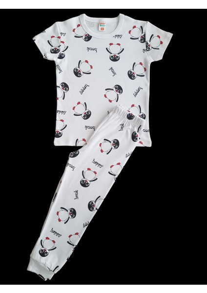 Kısa Kollu Desenli Çocuk Pijama Takım #baskılıçocukpijamatakım #penguendesenlipijama #çamaşırbahçesi