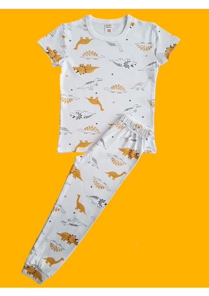 Kısa Kollu Desenli Çocuk Pijama Takım #baskılıçocukpijamatakım #sarıdinodesenlipijama #çamaşırbahçesi