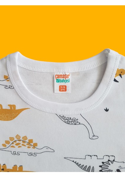 Kısa Kollu Desenli Çocuk Pijama Takım #baskılıçocukpijamatakım #sarıdinodesenlipijama #çamaşırbahçesi