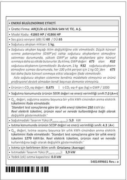 41865 HP Aktif Hijyen Plus A++ 18000 BTU Inverter Duvar Tipi Klima