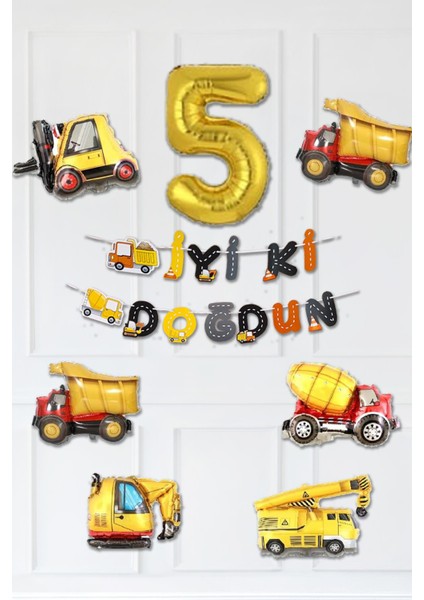 Inşaat Temalı Doğum Günü Parti Seti Yaş Balonlu Bannerlı Doğum Günü Süsleme Seti
