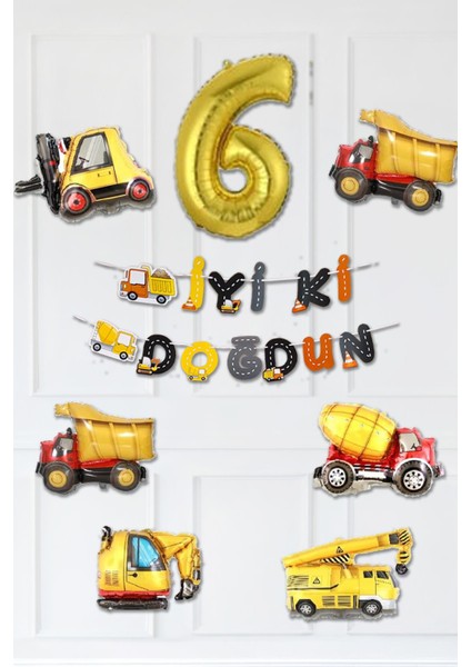 Inşaat Temalı Doğum Günü Parti Seti Yaş Balonlu Bannerlı Doğum Günü Süsleme Seti