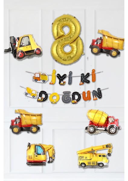 Inşaat Temalı Doğum Günü Parti Seti Yaş Balonlu Bannerlı Doğum Günü Süsleme Seti