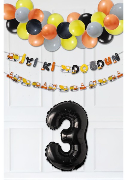 Inşaat Doğum Günü Balon Zinciri Yaş Balonlu Parti Süsleme Seti Bannerlı Rakam Balonlu Paket