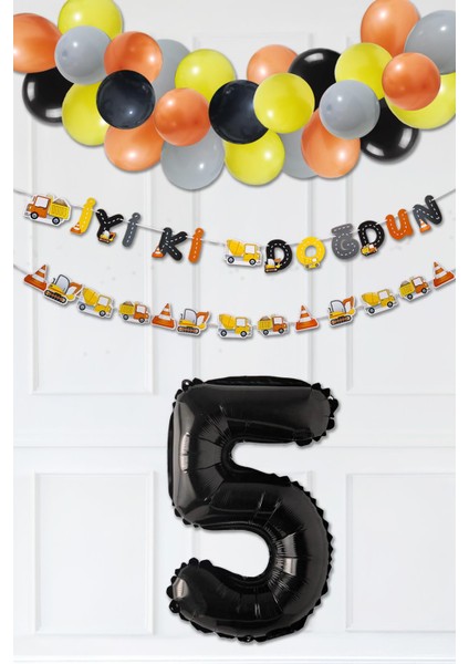 Inşaat Doğum Günü Balon Zinciri Yaş Balonlu Parti Süsleme Seti Bannerlı Rakam Balonlu Paket