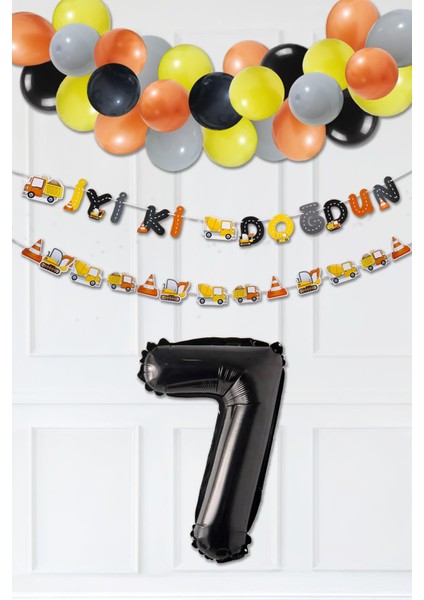 Inşaat Doğum Günü Balon Zinciri Yaş Balonlu Parti Süsleme Seti Bannerlı Rakam Balonlu Paket