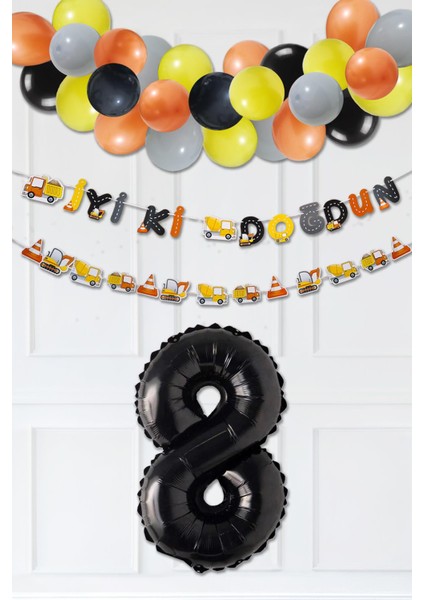 Inşaat Doğum Günü Balon Zinciri Yaş Balonlu Parti Süsleme Seti Bannerlı Rakam Balonlu Paket