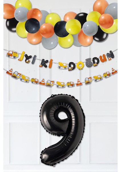Inşaat Doğum Günü Balon Zinciri Yaş Balonlu Parti Süsleme Seti Bannerlı Rakam Balonlu Paket