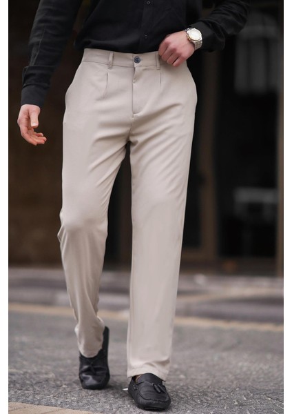 Bej Regular Fit Düz Kesim Yan Cepli Erkek Pantolon 6540