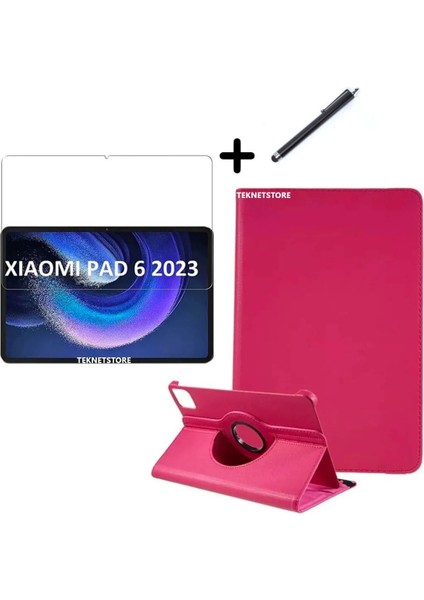 Xiaomi Pad 6 11 Inç Uyumlu 360° Dönebilen Standlı Tablet Kılıfı Ekran Koruyucu ve Kalem Seti Pembe