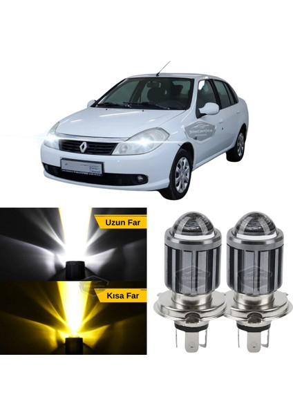 Renault Symbol 2008-2012 Thalia Uyumlu Mercekli Far Ampulü LED Xenon Çift Renk Sarı-Beyaz Far Şimşek Etkili Csp LED Lamba Uzun Kısa 2 Adet Takım