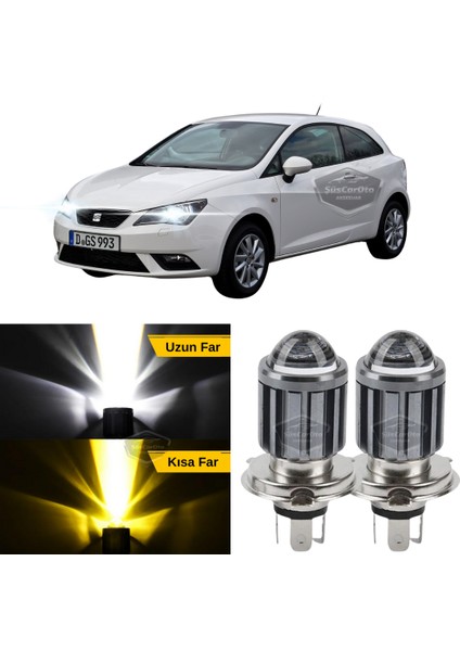 Seat Ibiza Mk4 2008-2017 Uyumlu Mercekli Far Ampulü LED Xenon Çift Renk Sarı-Beyaz Far Şimşek Etkili Csp LED Lamba Uzun Kısa 2 Adet Takım