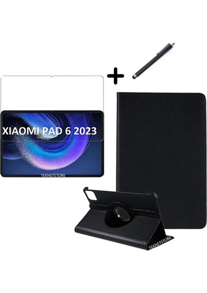 Xiaomi Pad 6 11 Inç Uyumlu 360° Dönebilen Standlı Tablet Kılıfı Ekran Koruyucu ve Kalem Seti Siyah