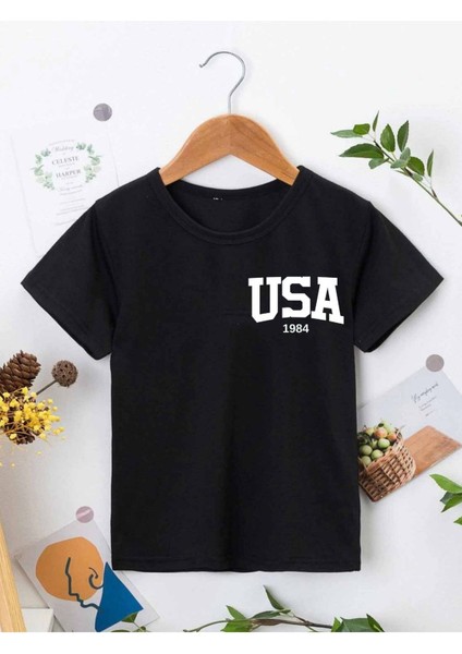 Ünisex Rahat Kalıp Pamuklu Baskılı Siyah Çocuk T-Shirt