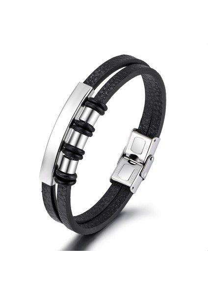 Çift Katmanlı Siyah Deri Gümüş Renk Çelik Plaka ve Kilit Sistemli Kişiye Özel Isim Harf Yazılı Erkek Bileklik