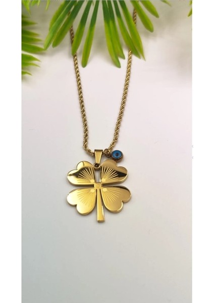 Gold Renk Burma Zincirli Nazar Boncuğu Detaylı Yonca Yaprağı Tasarım Çelik Kadın Kolye fiyatları