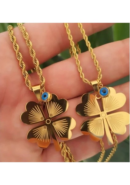 Gold Renk Burma Zincirli Nazar Boncuğu Detaylı Yonca Yaprağı Tasarım Çelik Kadın Kolye modelleri