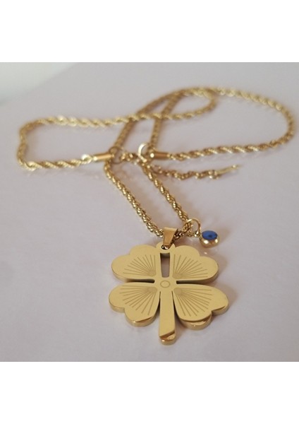 Gold Renk Burma Zincirli Nazar Boncuğu Detaylı Yonca Yaprağı Tasarım Çelik Kadın Kolye fırsatları