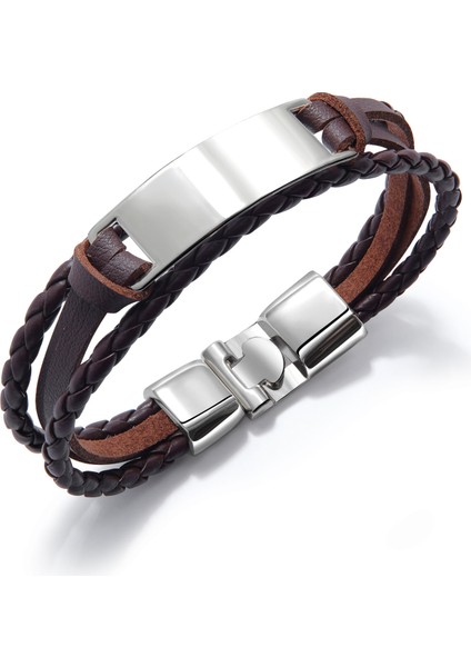 Minimal Tasarım Kahverengi Deri Gümüş Renk Plaka Kişiye Özel Isim Harf Yazılı Erkek Bileklik