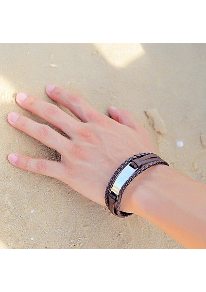 Minimal Tasarım Kahverengi Deri Gümüş Renk Plaka Kişiye Özel Isim Harf Yazılı Erkek Bileklik modelleri