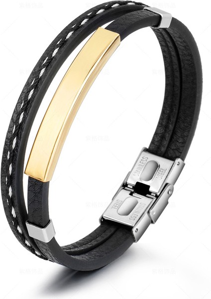 Retro Siyah Deri Sarı Renk Çelik Plakalı Mekanizmalı Kişiye Özel Harf Isim Yazılı Erkek Bileklik