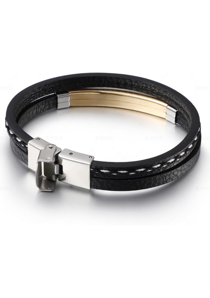 Retro Siyah Deri Sarı Renk Çelik Plakalı Mekanizmalı Kişiye Özel Harf Isim Yazılı Erkek Bileklik fiyatları