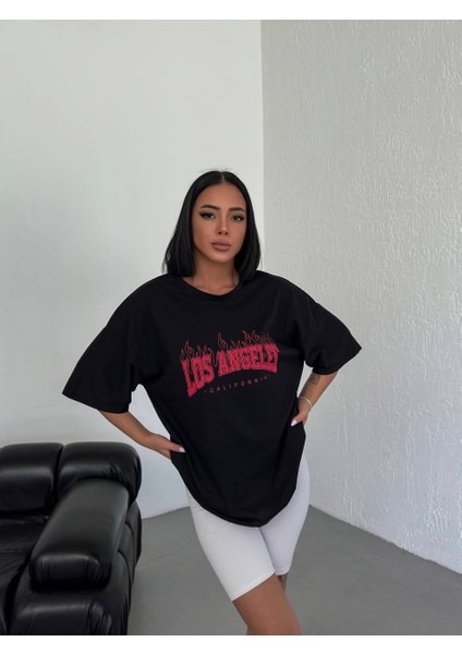 Los Angeles Unisex Premium Sırt ve Göğüs Baskılı Pamuklu Salaş Oversize Tshirt Lorins Moda