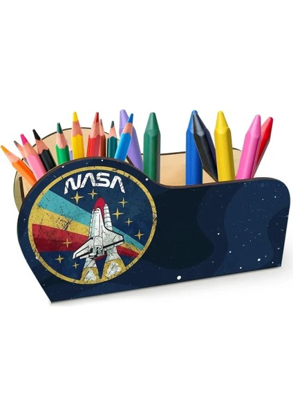 Ahşap Nasa Space Desenli Masaüstü Kalemlik Kalem Kutusu Organizer Ofis Makyaj