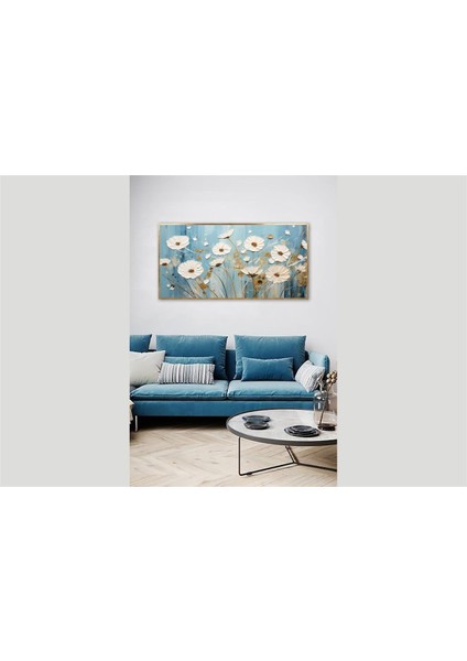 Yağlı Boya Dokulu Tablo Mavi Fonda Beyaz Modern Çiçekler U02037