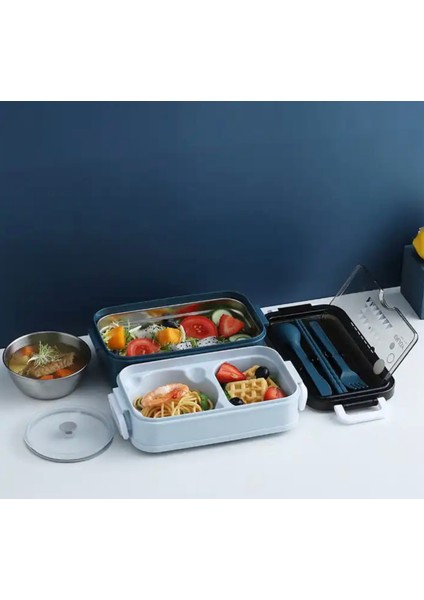 Paslanmaz Çelik Yemek Tası Isı Yalıtımlı 3 Katlı Yemek Termosu Ofis Kamp Lunchbox Mavi