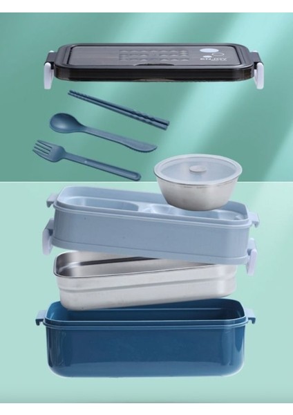 Paslanmaz Çelik Yemek Tası Isı Yalıtımlı 3 Katlı Yemek Termosu Ofis Kamp Lunchbox Mavi