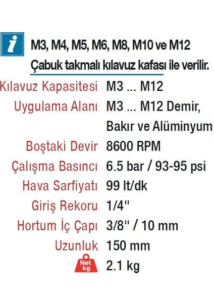 ET-1312 Havalı M3-M12 Klavuz Çekme Diş Açma Seti modelleri