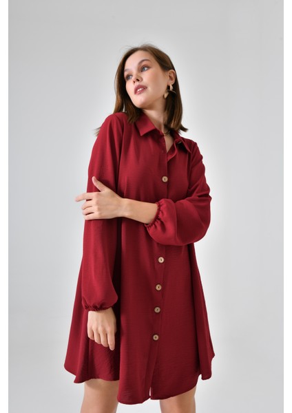 Bordo Ahşap Düğmeli Tunik