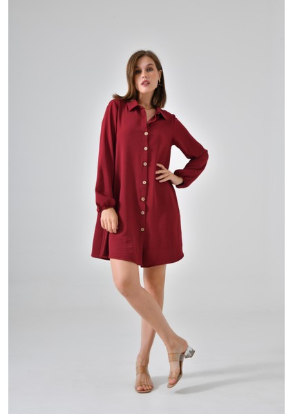 Bordo Ahşap Düğmeli Tunik