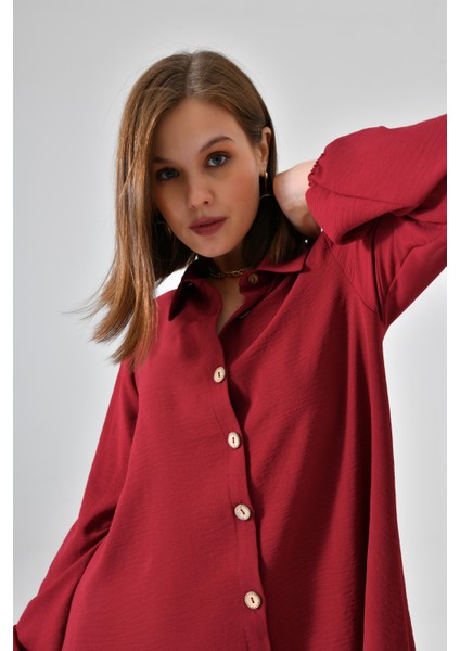 Bordo Ahşap Düğmeli Tunik