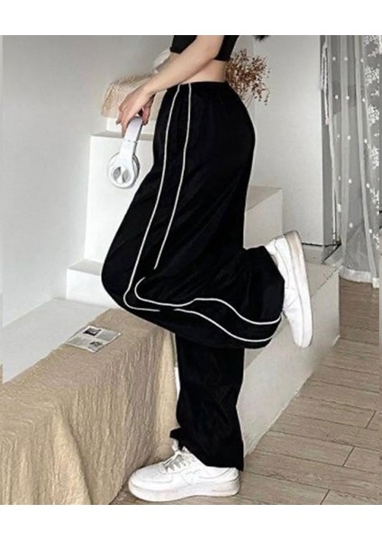 Harajuku Zip Detail Çift Çizgili Black Tracksuit Oversize Eşofman Altı