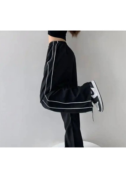 Harajuku Zip Detail Çift Çizgili Black Tracksuit Oversize Eşofman Altı