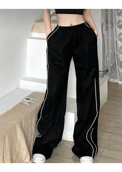 Harajuku Zip Detail Çift Çizgili Black Tracksuit Oversize Eşofman Altı