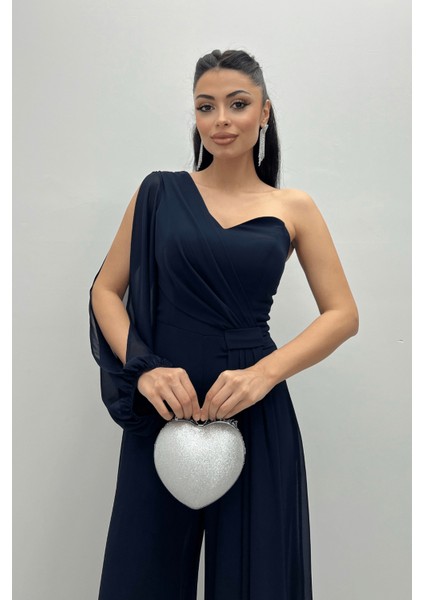 Şifon Kumaş Tek Kol Detaylı Tulum - Lacivert
