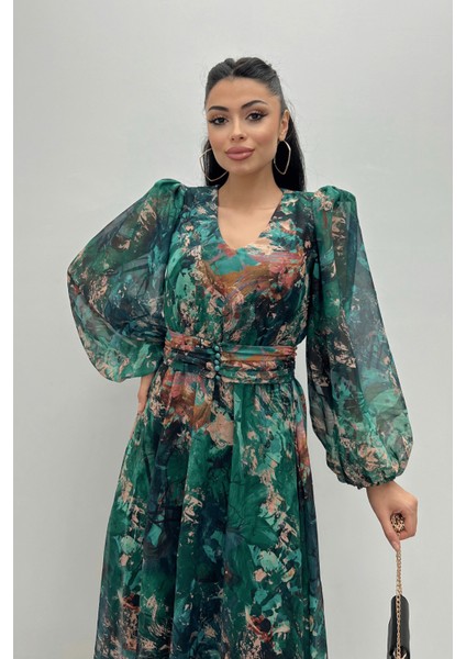 Desenli Sifon Kumaş Beli Lastikli Midi Elbise - Zümrüt Yeşil