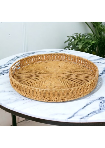 Rattan Sunum Tepsisi Servis Çay Kahve Tepsisi Dekoratif Çok Amaçlı Kulplu 35CM Oceanpoint