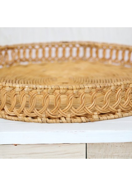Rattan Sunum Tepsisi Servis Çay Kahve Tepsisi Dekoratif Çok Amaçlı Kulplu 35CM Oceanpoint
