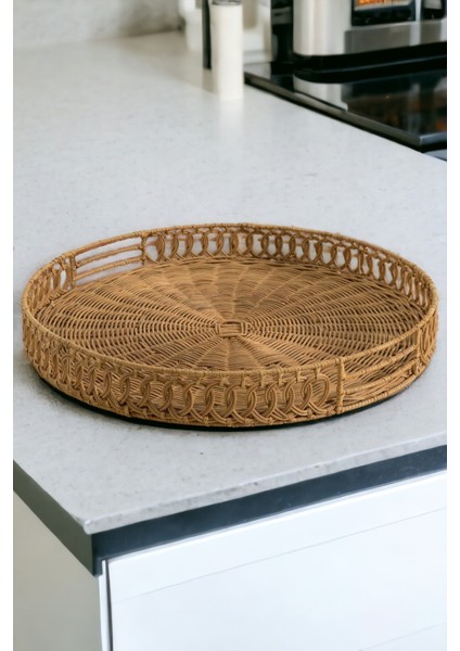 Rattan Sunum Tepsisi Servis Çay Kahve Tepsisi Dekoratif Çok Amaçlı Kulplu 35CM Oceanpoint