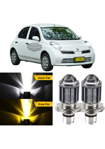 Nissan Micra 2002-2010 Uyumlu Mercekli Far Ampulü LED Xenon Çift Renk Sarı-Beyaz Far Şimşek Etkili Csp LED Lamba Uzun Kısa 2 Adet Takım