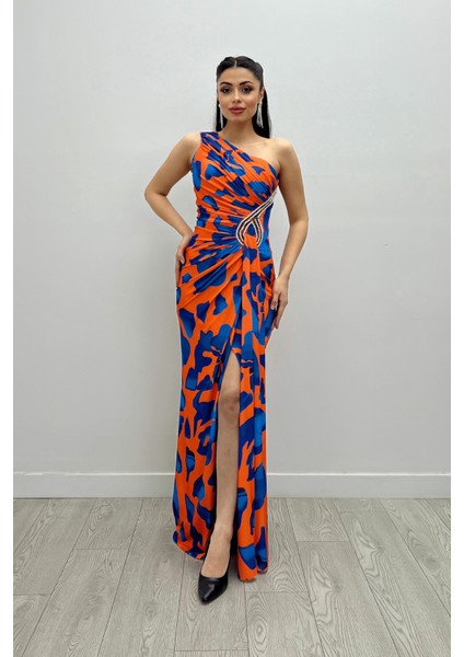 Jarse Kumaş Drapeli Taş Detaylı Balık Elbise - Turuncu