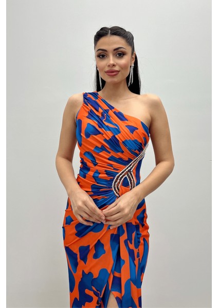 Jarse Kumaş Drapeli Taş Detaylı Balık Elbise - Turuncu modelleri