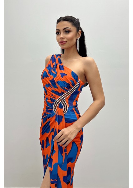 Jarse Kumaş Drapeli Taş Detaylı Balık Elbise - Turuncu fırsatları