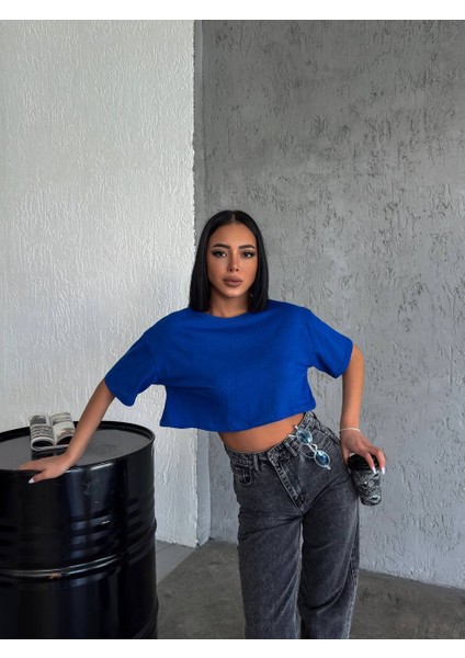 Kadın Saks Mavisi Ultra Yumuşak Dokunuş: Modal Crop Top Serisi Kadın Tişört Lorins Moda