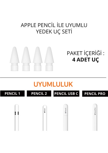 Apple Pencil 1-2 Nesil Usb-C Pro ile Uyumlu Üretilmiş Yedek Uç 4 Adet Yedek Pencil Ucu Tips